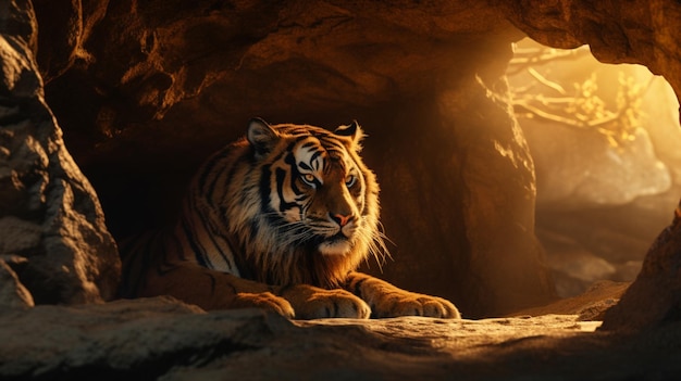 Tiger sitting stone cave still royalty animal picture Ai generated art