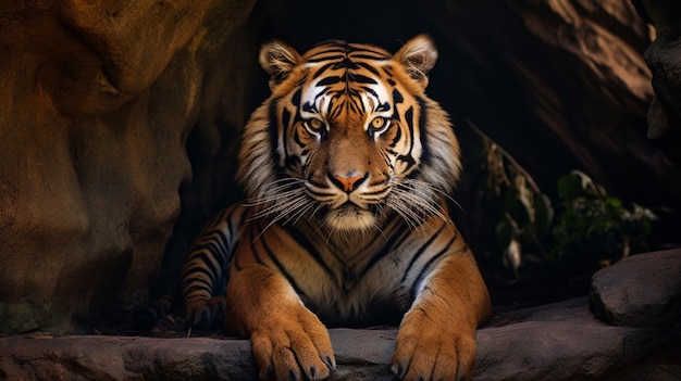 Тигр сидит в каменной пещере, все еще королевская фотография животного, созданная искусственным интеллектом