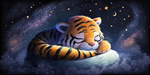 A tiger sleeping on a cloud