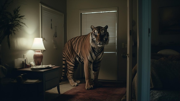 Tiger standing bedroom wall next bed animal picture Ai generated art