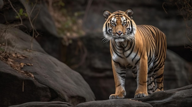 A tiger standing on a rock in the jungle