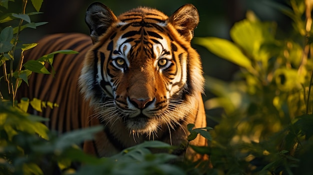 Тигр стоит среди густых джунглей AI Generative