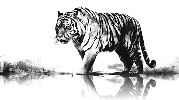 A tiger standing in water with reflection Black and white illustration