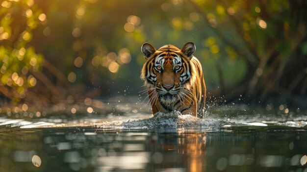 Photo tiger stands amongst the eerie mossdraped sundarbans mangrove forest tiger look at the camera