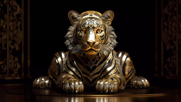 A tiger statue with gold and silver accents sits on a black background.