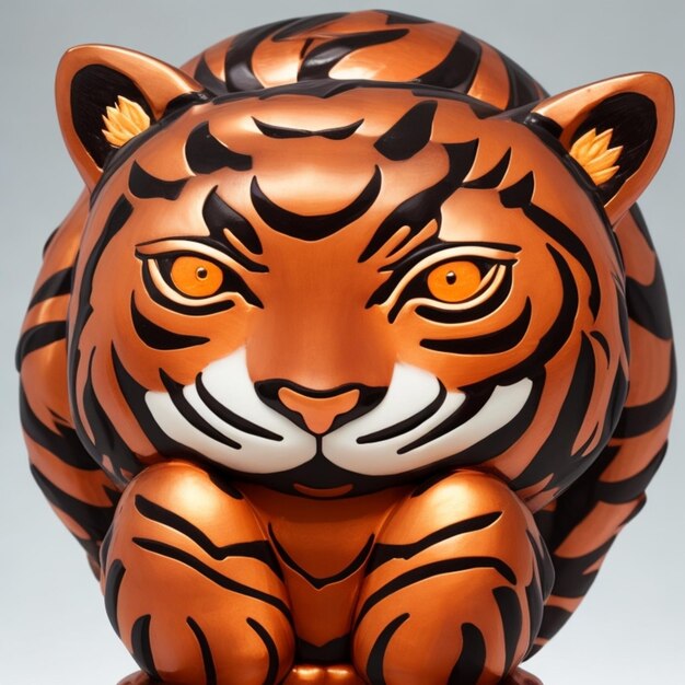 A tiger statue with orange eyes and yellow eyes