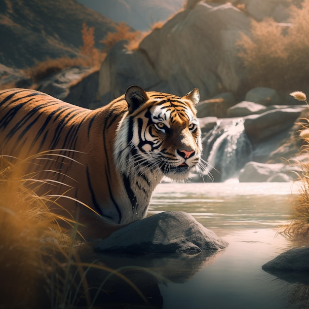 A tiger in a stream with a waterfall in the background