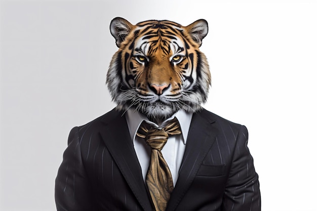 a tiger in a suit and tie with a white background