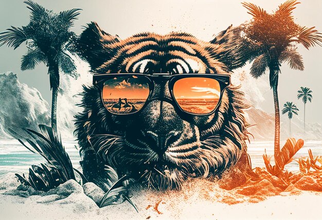 Tiger in sunglasses on the seashore under palm trees AI Generated