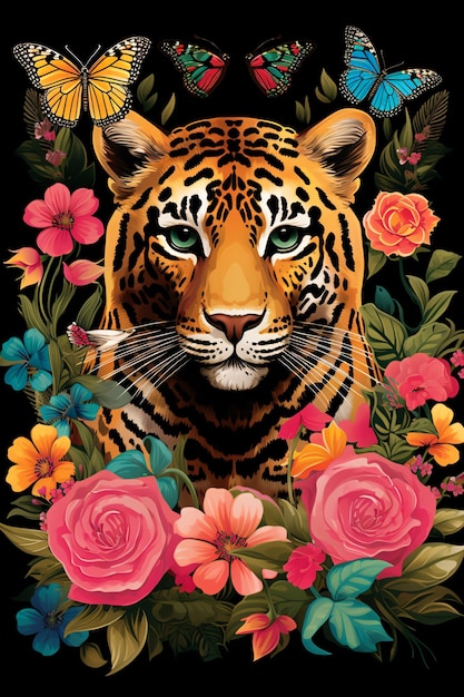 a tiger surrounded by flowers and butterflies