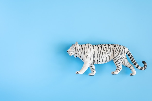 The tiger, symbol of 2022 year. plastic white toy figure tiger on a blue background. top view. space for text