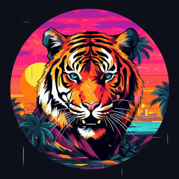 Tiger Synthwave a Retro Cubism Showcase with Neon Japanese Elements on a GraffitiAdorned Sunset Ba