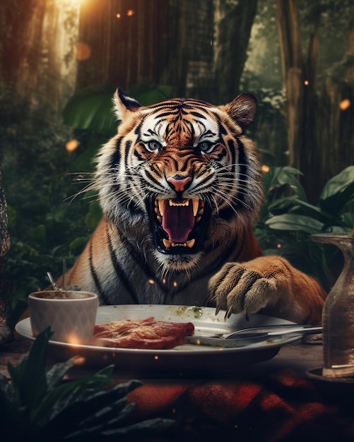 A tiger at a table with a plate of food