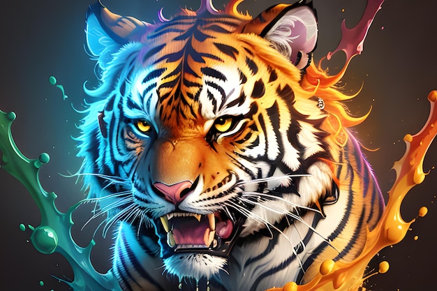 Tiger the temple splash color illustration Created with generative AI tools