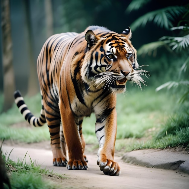 Photo a tiger that is walking on a path