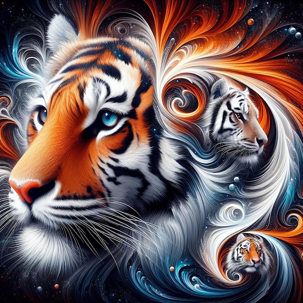a tiger and tiger are in the space with the stars in the background