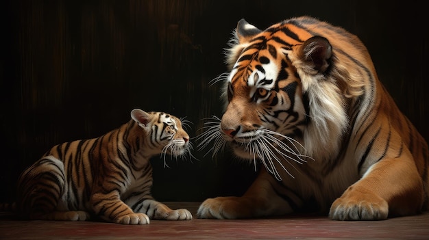 a tiger and a tiger cub are in front of a black background.