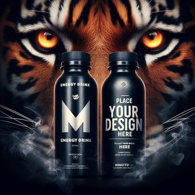 a tiger tiger is behind two bottles of liquid