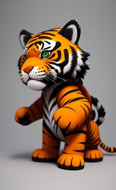 A tiger toy with green eyes is shown