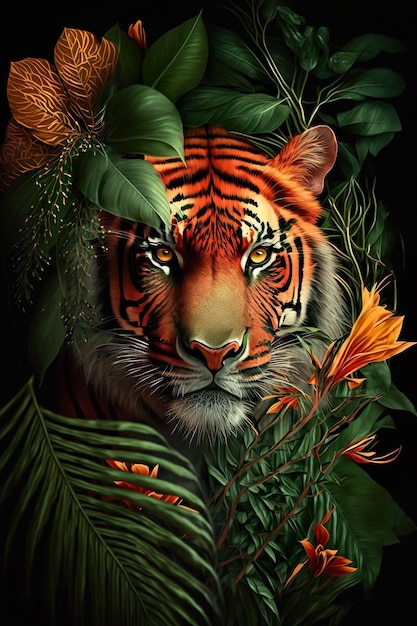 Tiger in Tropic Flowers Digital art Abstract Animal Wallpaper AI