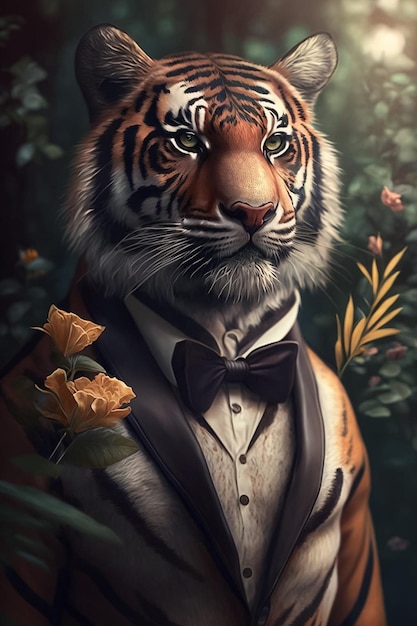 A tiger in a tuxedo and a tuxedo