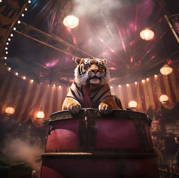 A tiger at view of circus at background