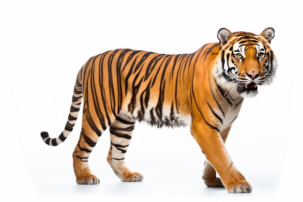 a tiger walking across a white background