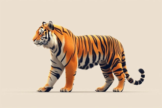 a tiger walking across a white surface