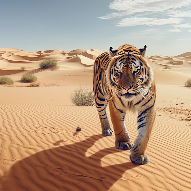 A tiger walking in the desert