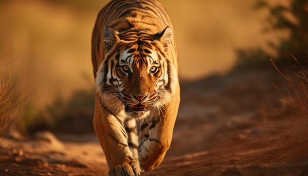 Photo a tiger walking on a dirt road in the wild