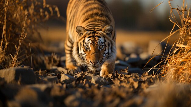 Photo a tiger walking in a dry field blur background