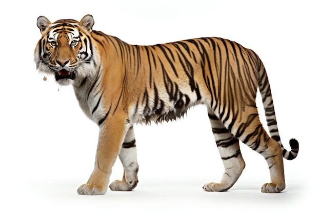 Tiger walking isolated on white background Front view