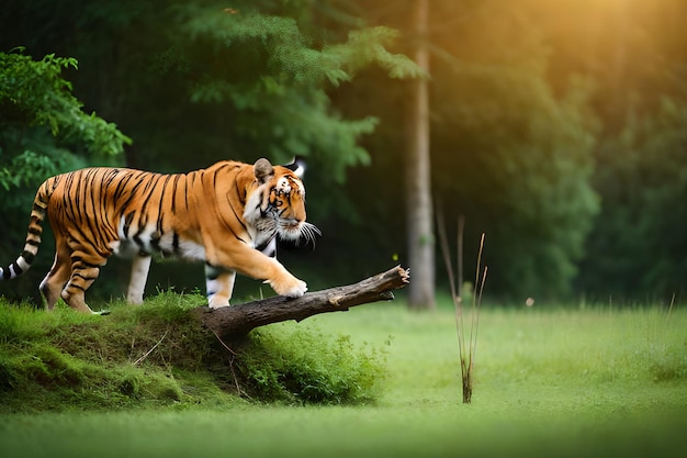 A tiger walking on a log in a forest