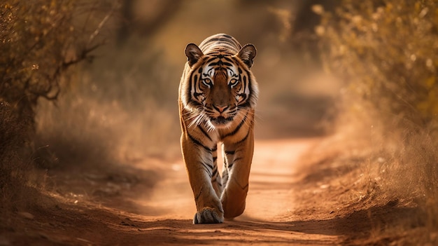 A tiger walking on a path in the jungle