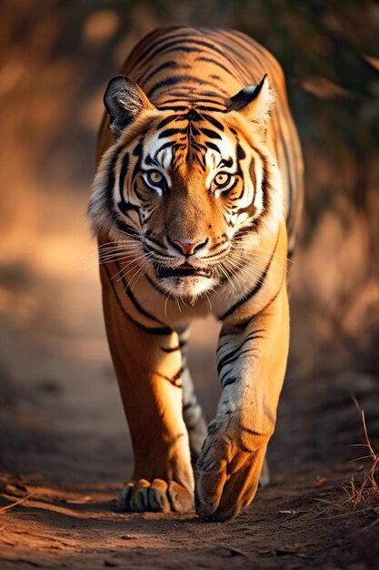 Photo a tiger walking on a path in the woods