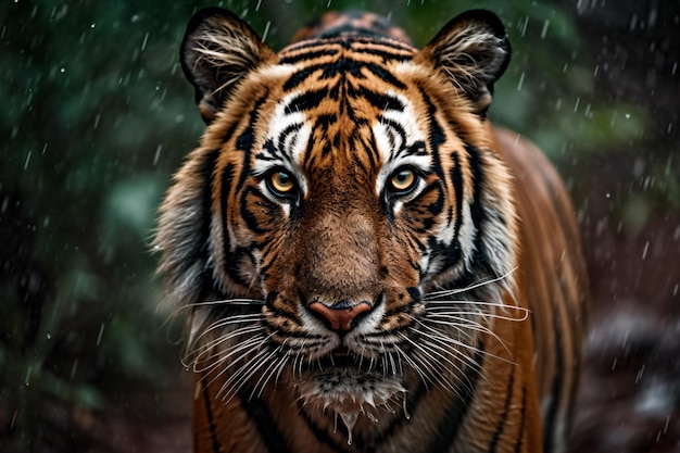 a tiger walking in the rain in the woods