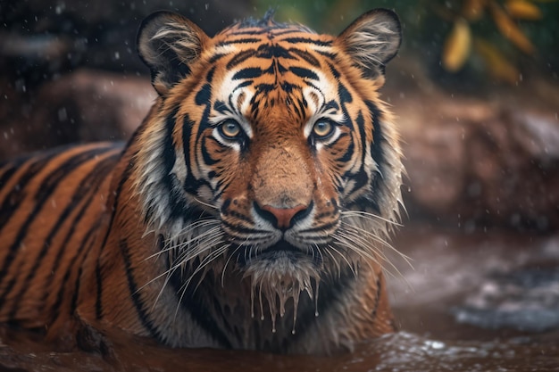 a tiger walking in the rain in the woods