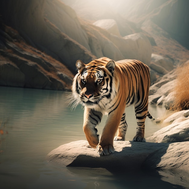 A tiger walking on a rock in the water