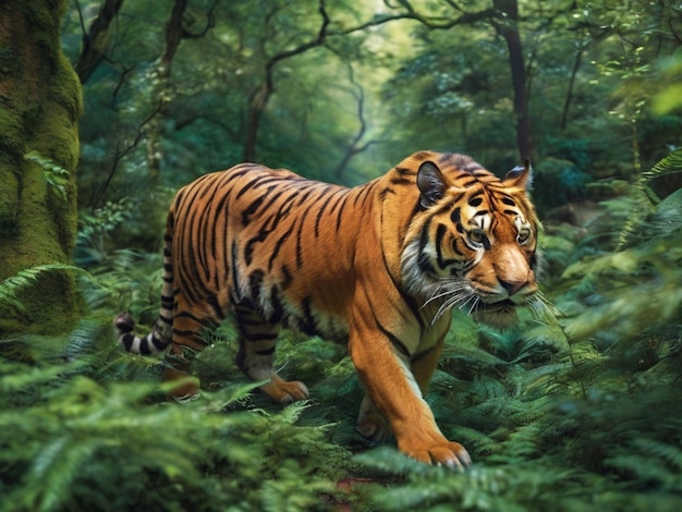 A tiger walking through a lush green forest Ai Generated Image