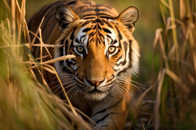 A tiger walking through tall grass in the wild