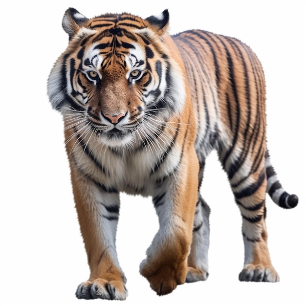 A tiger walking on a white background