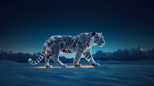 A tiger walks across a snowy landscape with a blue sky and the words'tiger'on it