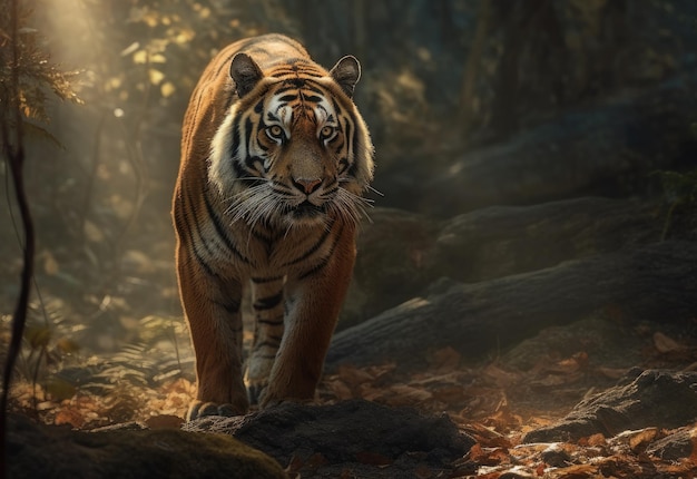Тигр идет по лесу со светом на заднем плане