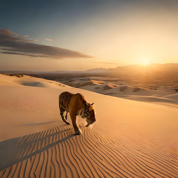 A tiger walks through the sand at sunset.