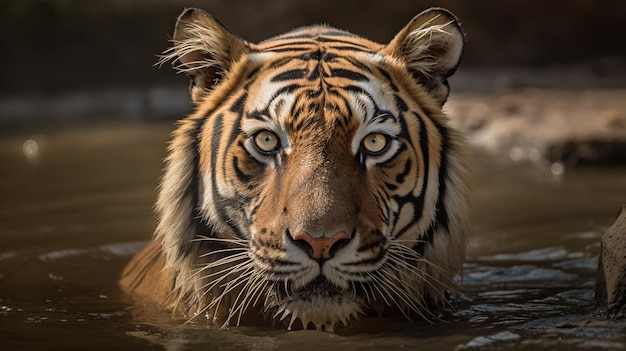 a tiger in water with a brown nose in the water.
