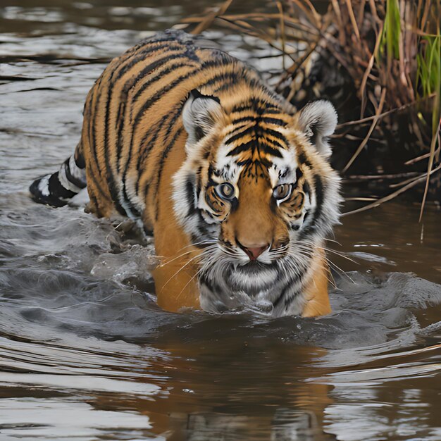 a tiger in the water with its face in the water