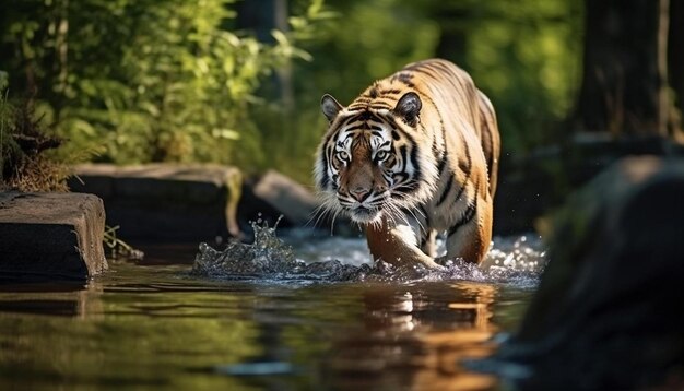 a tiger in the water with a reflection of trees in the water