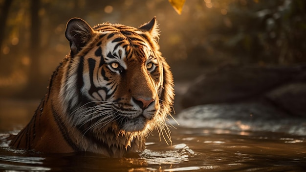 A tiger in the water with the sun shining on its face