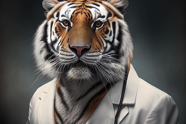 A tiger wearing a doctor coat