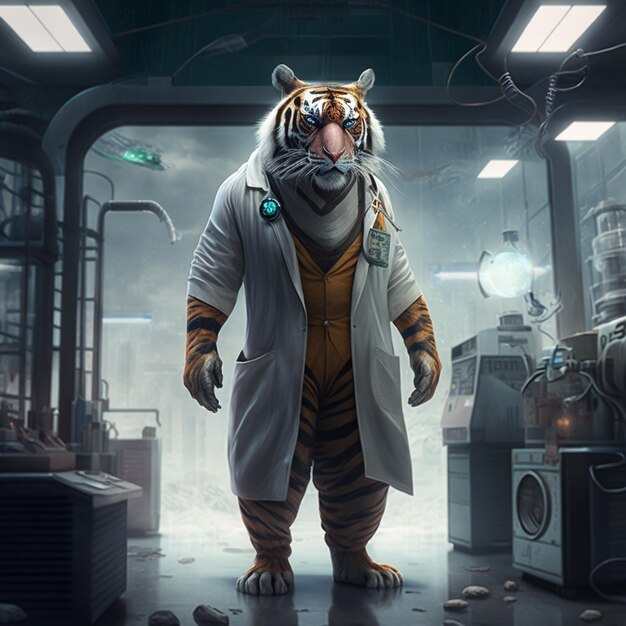 A tiger wearing a doctors uniform